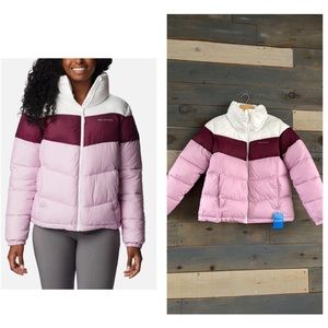 NWT Columbia Women's Puffect Colorblock Puffer Jacket Purple Pink White L